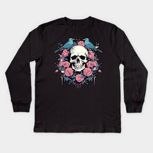 Skull with Roses and Birds Kids Long Sleeve T-Shirt